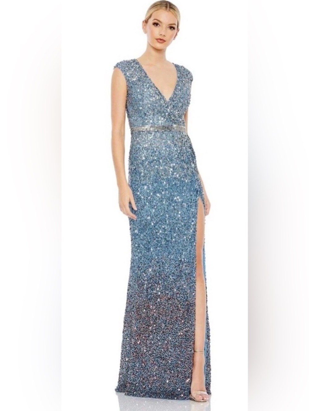 Mac Duggal NWT Blue Ombre Sequin, High Slit, V-Neck, Cap Sleeve Evening Gown